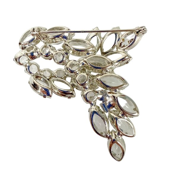 Vintage Silver Tone Open Back Clear Rhinestones Swirl Leaf Brooch - Picture 4 of 5